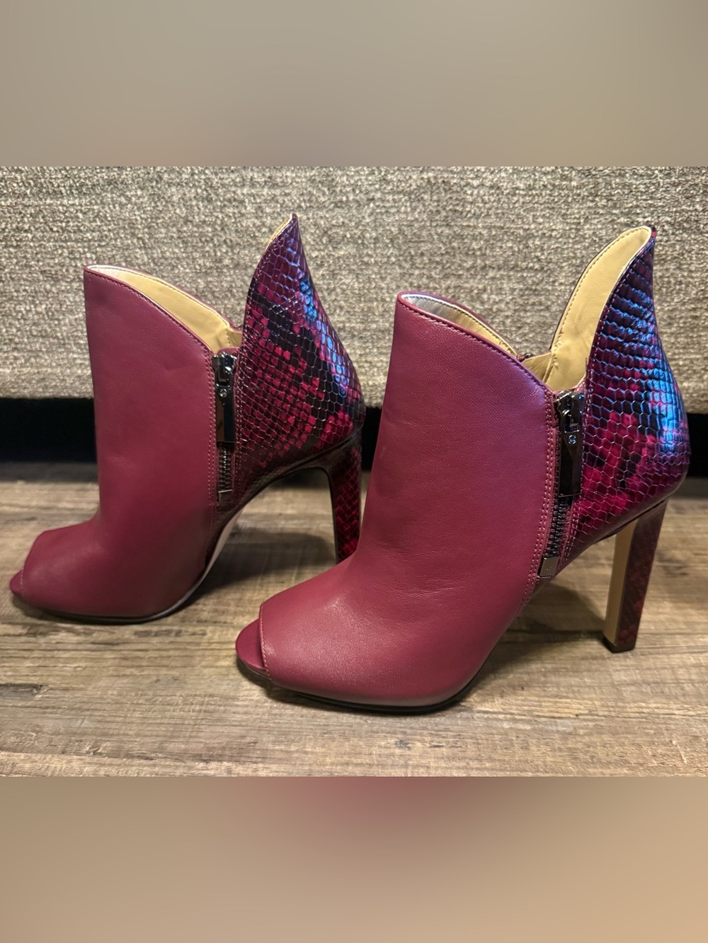 Michael Kors Burgundy Peep-Toe Ankle Booties with Snake-Print Accent